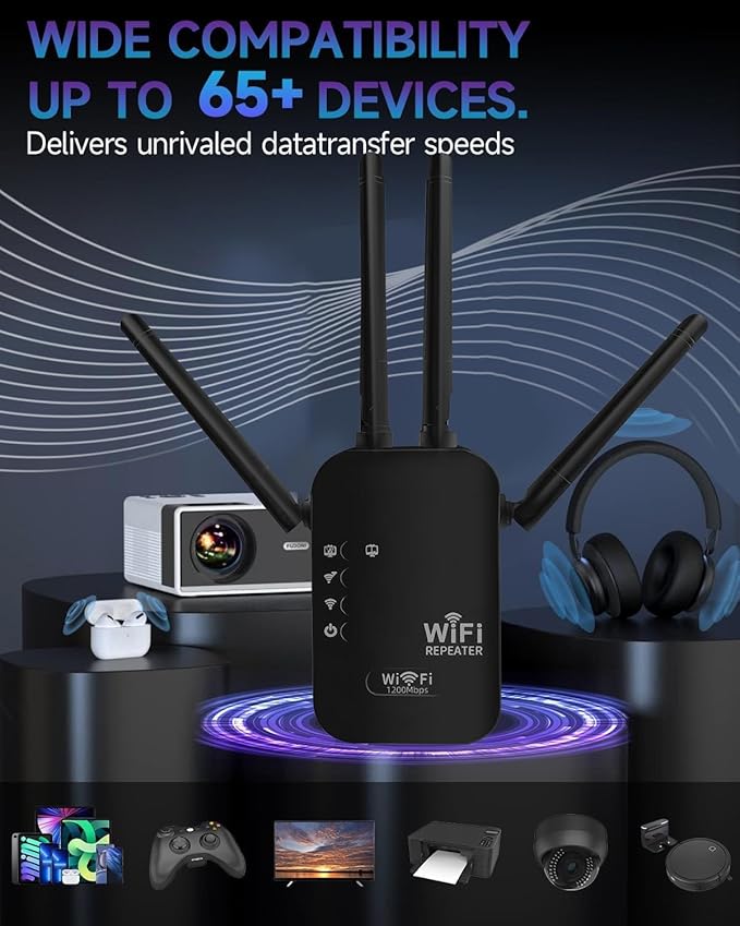 1200Mbps WiFi Extender Signal Booster,WiFi Extender Dual Band for Home竊똍ew Gen 6X Faster Internet Booster Extender, WiFi Repeater Coverage up to 10K sq.ft and 65 Devices(Black)