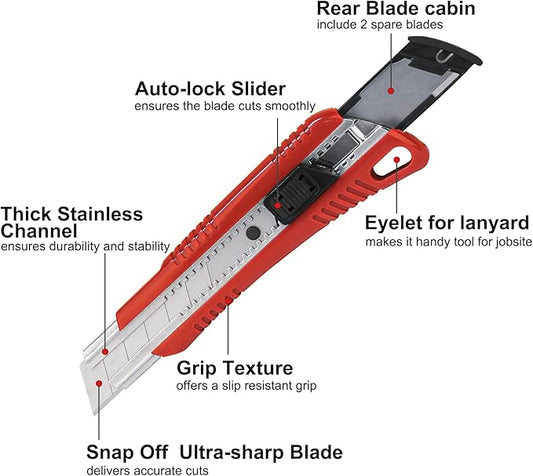 HAUTMEC 4PCS 25mm Utility Knife, Heavy Duty Auto-Lock, Retractable Box Cutter with 2pcs Spare Snap-off Sharp Blades HT0080-4PC