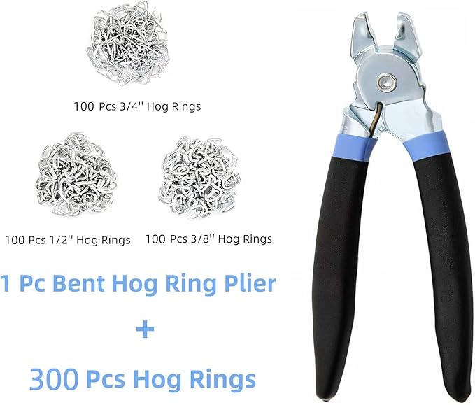 Hog Ring Pliers Kit with 300 Pcs 3/4" 1/2" 3/8" Galvanized Steel Hog Rings,Bent Hog Ring Pliers Kit for Auto Upholstery and Fencing,Bagging,DIYCraft,Furniture(Blue)