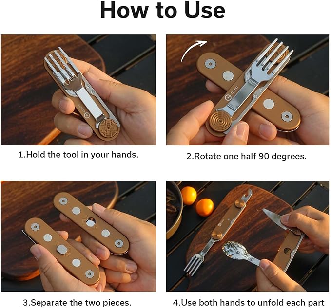 CIVIVI Partake 4-in-1 Camping Utensil, Detachable Stainless Steel Folding Knife, Fork, Spoon & Bottle Opener Multi-Tool, with Waxed Canvas Pouch for Travel Camping Hiking, C24032C-2, Coyote Brown