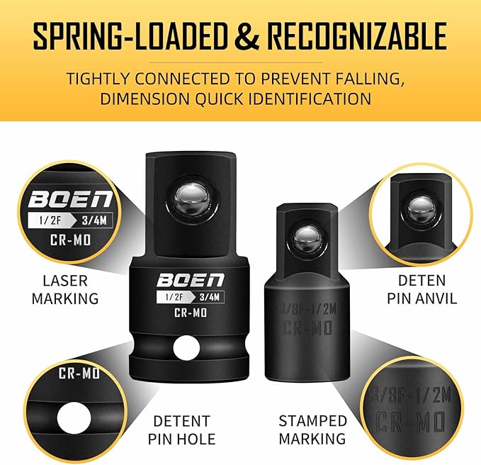 BOEN 5 Piece Impact Socket Adapter Set and Reducer Set, Standard SAE, 1/4", 3/8", 1/2" Drive Socket Adapter Set, CR-MO Steel Impact Adapter Conversion Set for Impact Driver Wrench