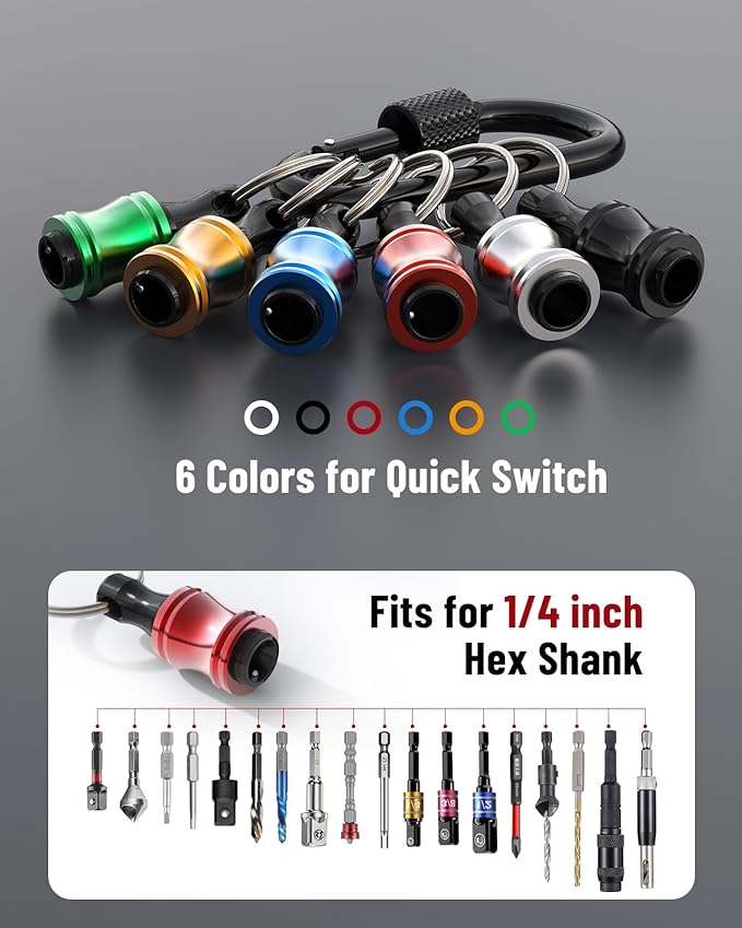 Katerk 10 pcs 1/4 inch Hex Shank Aluminum Alloy Screwdriver Bits Holder, Light-weight Quick-change Extension Bar Keychain Drill Screw Adapter Change Portable (With Black Carabiner)