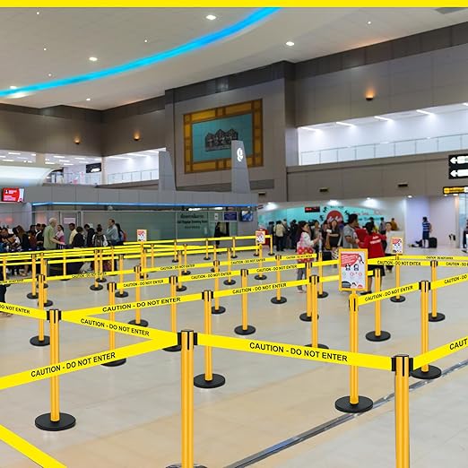 Therwen 6 Pack Heavy Duty Crowd Control Stanchions 9.8 ft Stainless Steel Stanchion Set with 6 Safety Barrier Post Retractable Belt and 1 Sign Holder Crowd Control Barrier(Caution Belt,Yellow)