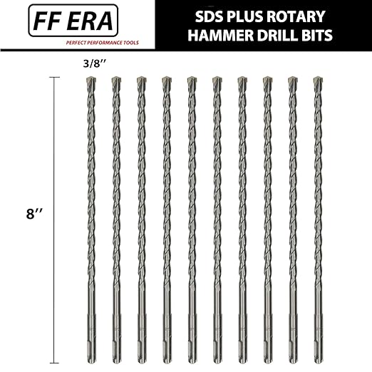 10-Pack SDS Plus 3/8 inch x 8 inch Rotary Hammer Drill Bits, Carbide Tipped for Brick, Stone and Concrete (3/8'' x 8'')