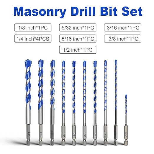 10 Pack 1/8 to 1/2 inch Concrete Drill Bit Set,Masonry Drill Bit Set with Hex Shank,Carbide Tip Drill Bits for Concrete, Tile,Brick, Plastic, Cement,Glass and Ceramic (1/8" - 1/2"竊?0 Pcs竊?