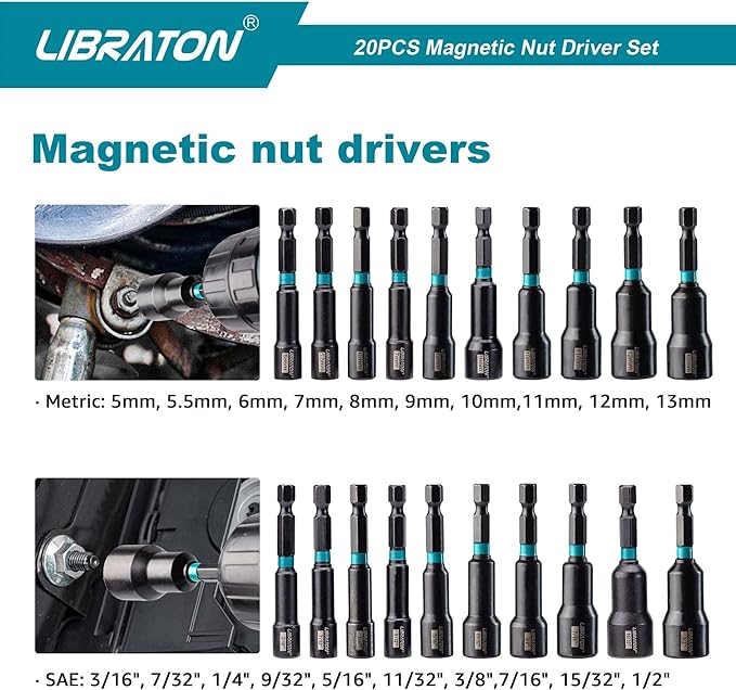 Libraton 20PCS Magnetic Nut Driver Set, Impact Drill Driver Bit Set 1/4", Metric and SAE Nut Driver, with Storage Bag, 5-13mm and 3/16''-1/2'' Nut Drivers