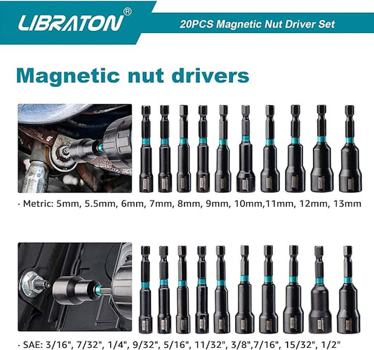 Libraton 20PCS Magnetic Nut Driver Set, Impact Drill Driver Bit Set 1/4", Metric and SAE Nut Driver, with Storage Bag, 5-13mm and 3/16''-1/2'' Nut Drivers