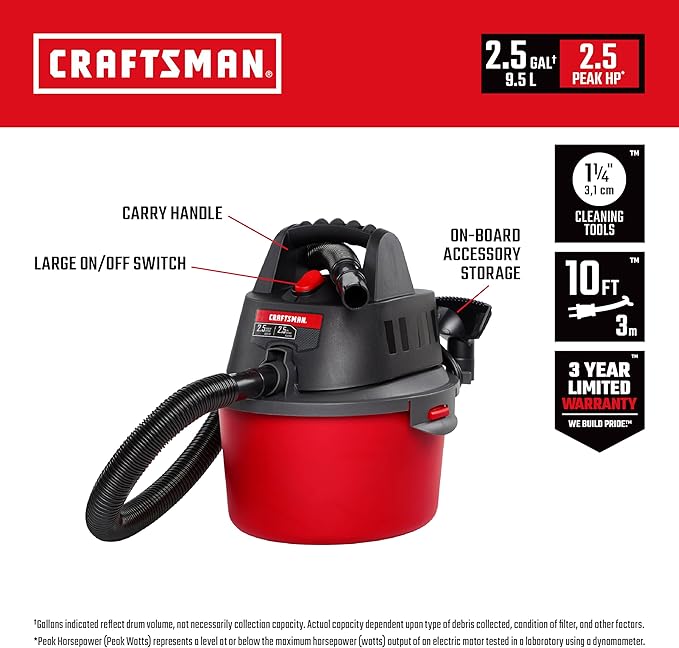 CRAFTSMAN CMXEVBE17590 9 Gal. 4.25 Peak HP Wet Dry Vac with Filter, Dust Bag, Hose, Attachments CMXEVBE17250 2.5 Gal. 2.5 Peak HP Portable Vac with Filter Bag, Hose and Attachments