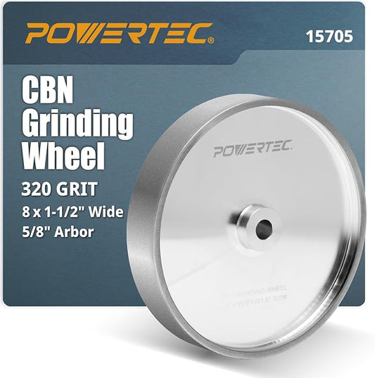 POWERTEC CBN Grinding Wheel 8 Inch 320 Grit, 1-1/2" Wide, 5/8" Arbor ??Bench Grinder Sharpening Wheel for HSS Tools, Lathe Chisels, and Woodturning Tools (15705)