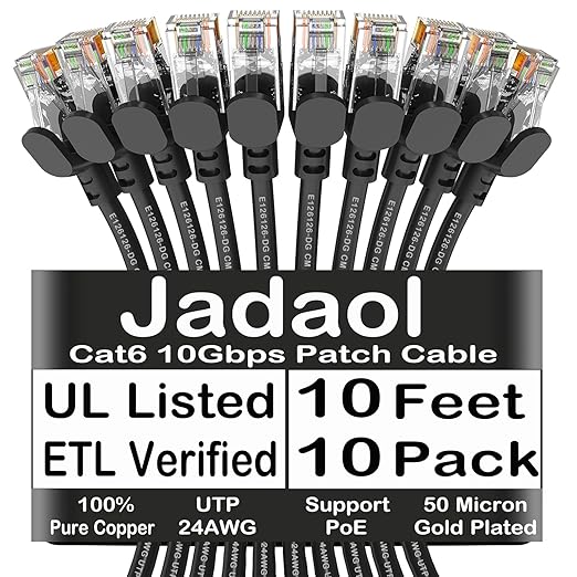 Jadaol Cat 6 Ethernet Cable 10ft 10Pack, Outdoor&Indoor, 10Gbps Support Cat8/7 Network, 24AWG Pure Copper Patch LAN Cord, Direct Burial Waterproof UV Resistant for Router, Modem, Switch, Server, Black