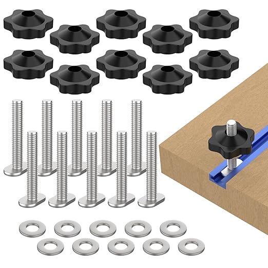 10 Sets of 1/4"-20 T Track Knob Kit, Star Knobs Kit Include 1/4-20 Threaded Bolt 2-1/2" Length with Washers, T Track Accessories for Woodworking Jigs and Fixtures