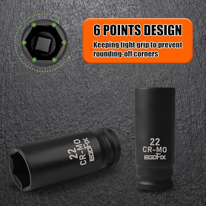 22mm Socket 1/2" Drive Deep Impact Metric Socket,CR-MO 6 Point