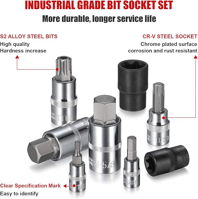 92-Piece Allen and Torx Bit Socket Set, 1/4" 3/8" and 1/2" Drive Tamper Proof Torx/Hex SAE & Metric Bit Set