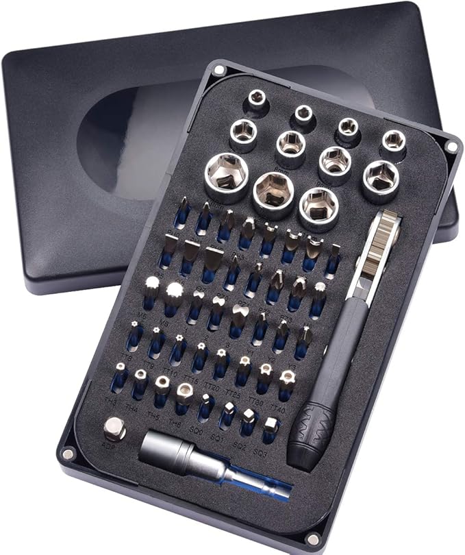 54in1 S2 Steel Mini Ratchet Wrench Screwdriver Bit Set with 1/4" Hex Shank Bits, 1/4" Drive Socket, Socket Adapter, Extension Bit Holder, 36-Tooth, 90 Degree Offset Reversible Drive Handle