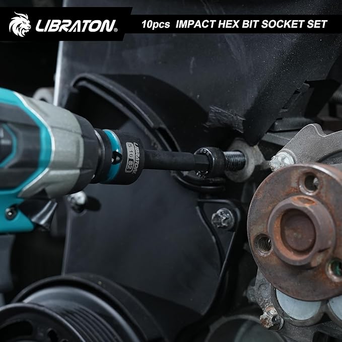 LIBRATON Impact Hex Bit Socket Set, 1/2" Dr, S2 Steel, 10PCS High Torque Sockets (SAE 1/4"-3/4") for Professional Mechanics & Automotive Repair (XPE Storage Case)