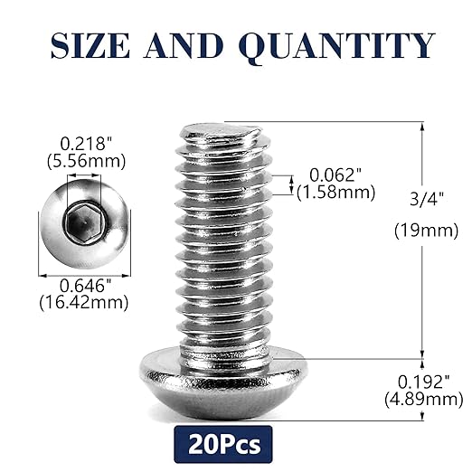 3/8-16 x 3/4" Button Head Socket Cap Bolts Screws, 20Pcs 304 Stainless Steel 18-8, Allen Hex Drive, Bright Finish by SG TZH(with Hex Spanner)