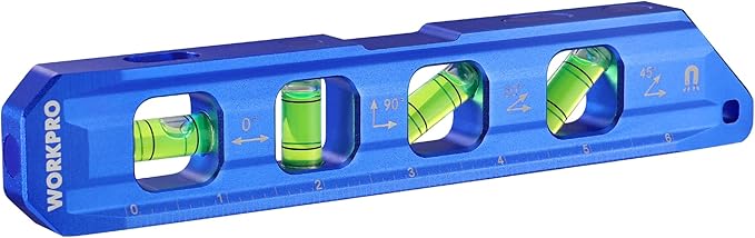 WORKPRO 8-Inch Magnetic Torpedo Level, Aluminum Alloy Construction, 4 Bubble Vials for 0째/90째/45째/30째 Measurements, Cobalt Blue