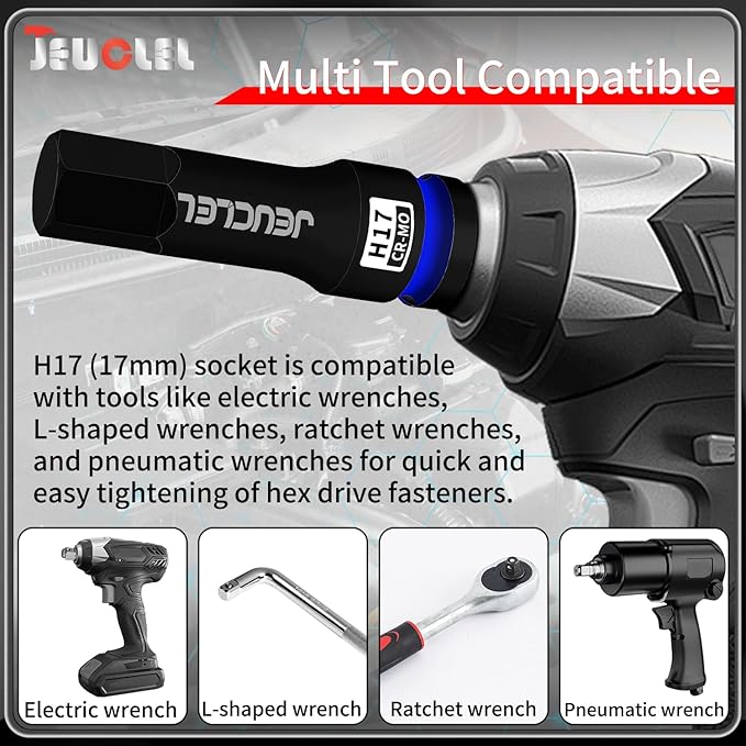 17mm Hex Impact Bit Socket, H17 1/2-Inch Impact Drive Allen Socket, Cr-Mo Steel Lengthen Hex Screwdriver Adapter for Electric Ratchet Wrenches Fastening Screws
