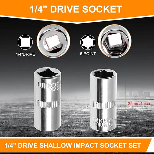 Utoolmart 1/4" Drive Socket Set, Metric Socket 10pcs Sets, 6-Point Shallow Socket Set, 4mm, 5mm, 6mm, 7mm, 8mm, 9mm, 10mm, 11mm, 12mm, 13mm, Cr-V