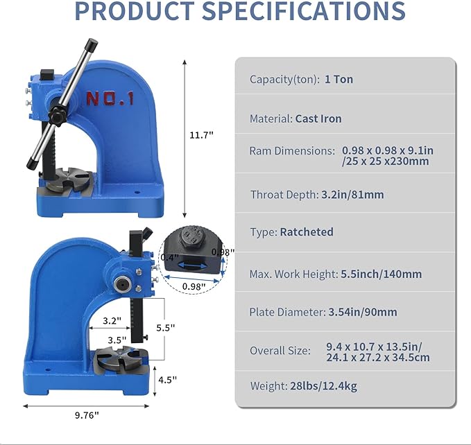 Arbor Press 1 Ton,Ratchet Leverage Arbor Press with Handwheel,5.5" Maximum Height Manual Desktop Punch Press Machine Metal Arbor Press Tool,for Stamping