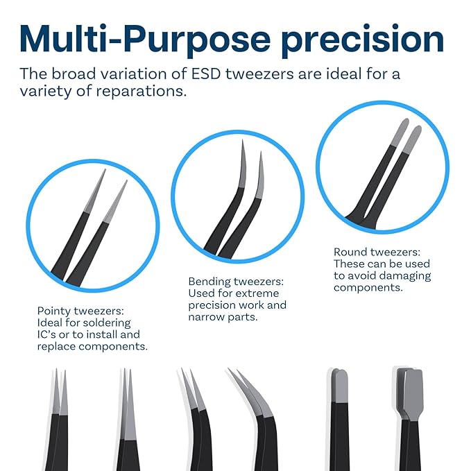 MMOBIEL 10x Industrial Precision ESD Tweezers Anti-Static Stainless Steel for Electronics Tools, Jewelry, Computer, Laboratory Work, Crafts and Hobbies etc. – Incl. Spatula and Case