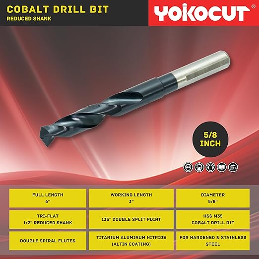 5/8 Inch Cobalt Drill Bit | Reduced Shank High Speed Steel | 5/8 Drill Bit for Stainless Steel and Hardened Metal | HSS M35 Titanium Aluminum Nitride Coating with 1/2" Shank