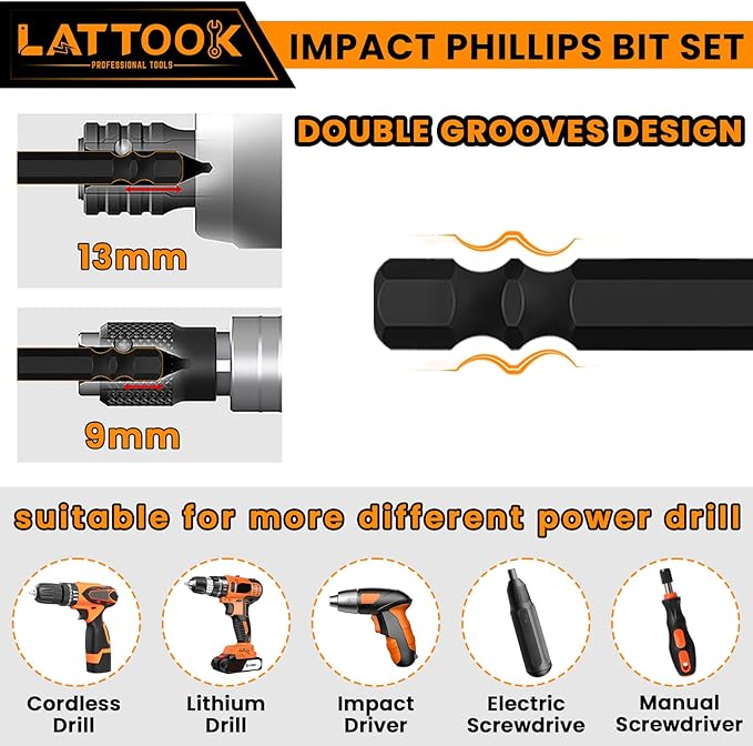 13-Pack Impact Phillips Bits Set, LATTOOK #1, #2, #3 Magnetic Anti Slip Long Phillips Screwdriver Bits Set, 1/4" Hex Shank S2 Steel, Ph1, Ph2, Ph3