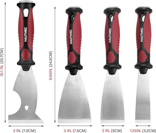 HAUTMEC Putty Knife 4 PC Set, 1.25",2",3" Paint Scraper & 3" 8-in-1 Paint Stripper, Heavy Duty Stainless Steel Blade and Hammer End for Removing Wallpaper, Plaster, Cement 25060