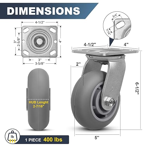 5" x 2" Thermoplastic Rubber Wheels (Crown Tread)-Heavy Duty Casters- 400 Lbs Per Casters- No Noise Plate Caster for Furniture Platform Trucks Workbench (1 Pack Swivel)