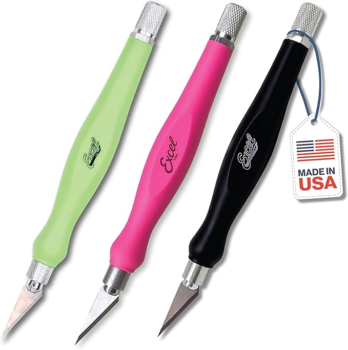 Excel Blades Fit Grip Craft Knife 3-Pack With #11 Ultra-Sharp Carbon Steel Angled Blade ??Precision Hobby Knife with Contoured Rubberized Grip for DIY, Art Crafts ??Assorted Colors, Made in the USA