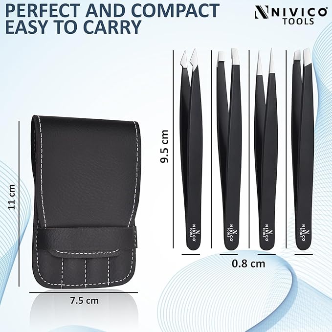NIVICO Tweezers Set with Leather Pouch – Professional Stainless Steel Tweezers for Eyebrows Precision Facial Ingrown Hair Removal (Black)