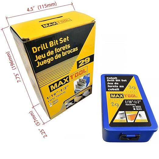 MaxTool Twist Drill Bit Set 29PCs 5% Cobalt HSS M35 Jobber Length Fully Ground for Hardened Steel Metal Cast Iron etc 1/16??to 1/2?? JBS35G10R029