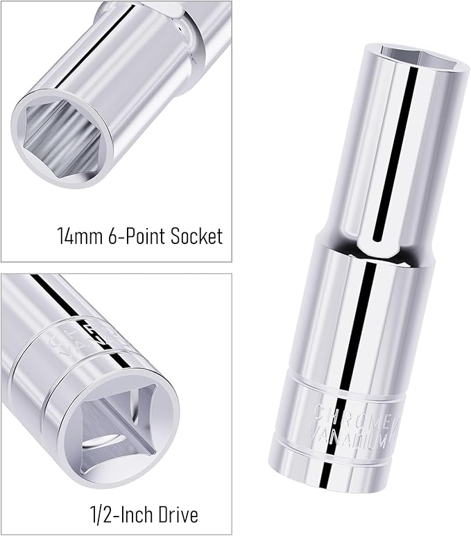 14mm(9/16") Deep Socket, 1/2 Inch Drive, 6-Point, Metric, Heat Treated CR-V Steel Sockets, Full Polishing, 3.1 Inch Length