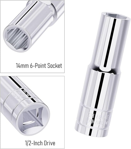 14mm(9/16") Deep Socket, 1/2 Inch Drive, 6-Point, Metric, Heat Treated CR-V Steel Sockets, Full Polishing, 3.1 Inch Length