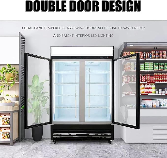 51" Commercial Glass 2 Door Display Refrigerator Merchandiser - Upright Beverage Cooler With Led Lighting