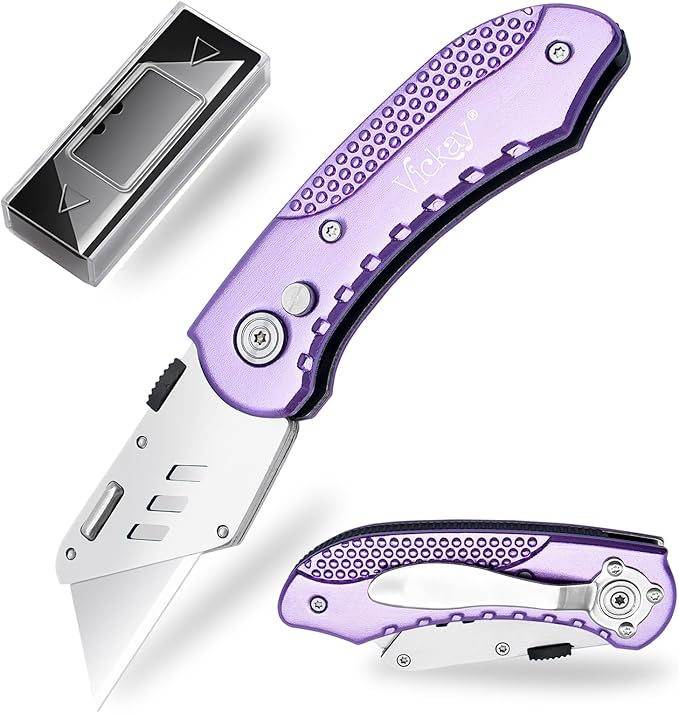 Vickay Folding Utility Knife, Box Cutter with 5 SK5 Quick Change Blades, Safety Axis Lock Design Razor Knife, Lightweight Aluminum Handle Belt Clip for Office Home Artcraft 竊뉽ight Purple)
