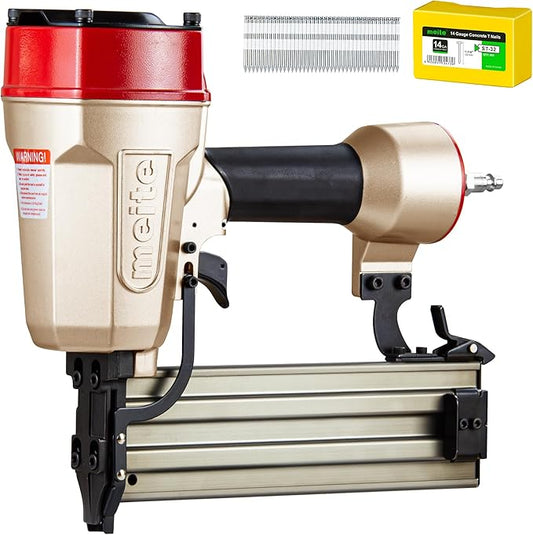 meite ST64E Concrete Nail Gun with 400PCS 14 GA 1-1/4 Inch T Nails, Heavy Duty Pneumatic Concrete T-Nailer Gun for Plywood/Decking/Furring, 100PCS Magazine, Accepts 3/4'' to 2-1/2''