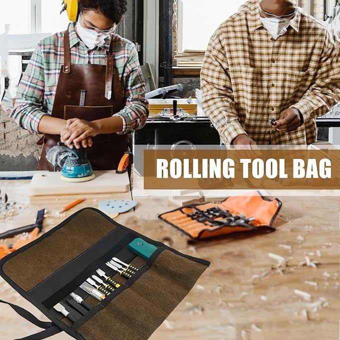 BLIRITEL Small Canvas Chisel Roll, Chisels Bag Tool Organizer with 4 Pockets, Metal Pry Bar Plier Wrench Roll Tool Pouch for Mechanic Carpenter Craftsman (Khaki)