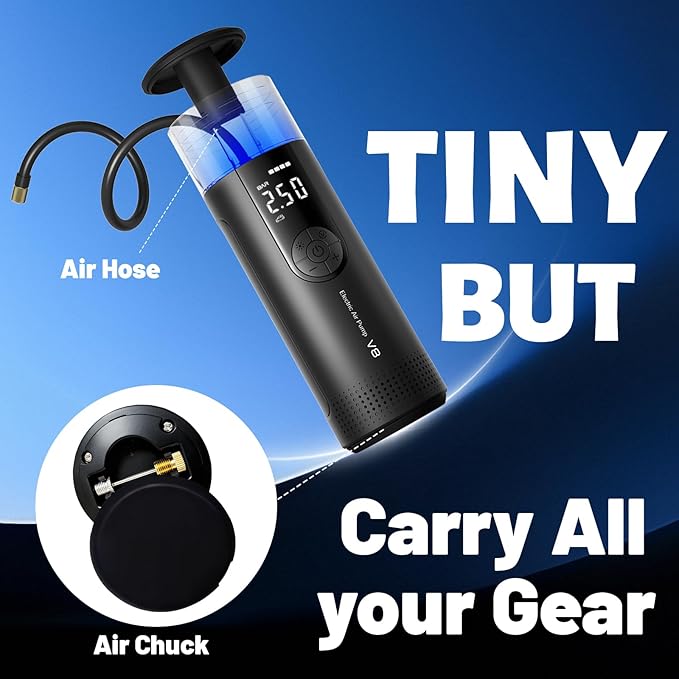 V8 Tire Inflator, Portable Air Compressor - Cordless Mini Car Pump, 150 PSI High Pressure.Built-in Nozzle & Hose Storage Design (No Need Carry Bag) Extreme Convenience LED Lights, Motor, Bikes