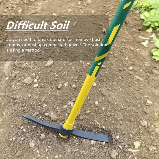 GloriousAMC Heavy Duty Mattock, 36" Fiberglass Handle, Yellow, Steel, Multipurpose Garden Tool, Chopping Soil, Gardening