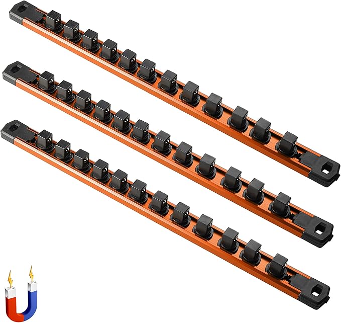 ALOANES 3-Piece Magnetic Socket Organizer, Heavy Duty Aluminum Socket Rails Organizer, 360째 Swivel Clips Socket Rail Set For Sockets Storage, 1/2-Inch Socket Holder x 36 Clips (Orange)