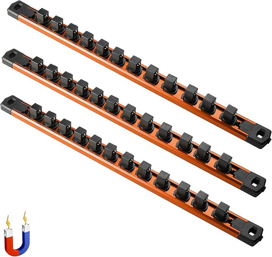 ALOANES 3-Piece Magnetic Socket Organizer, Heavy Duty Aluminum Socket Rails Organizer, 360째 Swivel Clips Socket Rail Set For Sockets Storage, 1/2-Inch Socket Holder x 36 Clips (Orange)