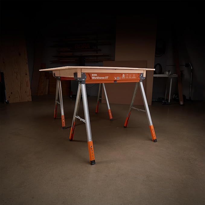 BORA Workhorse XT Saw Horses 2 Pack Folding Heavy Duty Adjustable Height Sawhorse Pair with Adjustable Legs, Heavy Duty Saw horse for Contractors Portable Workbench w/Built in Bottle opener PM-3360T