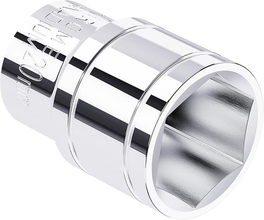 20mm Shallow Socket, 1/2 Inch Drive, 6-Point, Metric, Heat Treated CR-V Steel Short Sockets, Full Polishing, 1.5 Inch Length