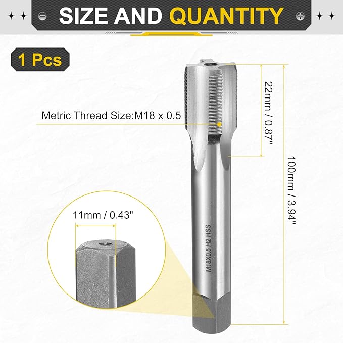 uxcell Hand Plug Tap M18 x 0.5 H2 Metric Thread Plug Style Taps Straight Flute Screw Tapping Threading Tool High Speed Steel HSS6542