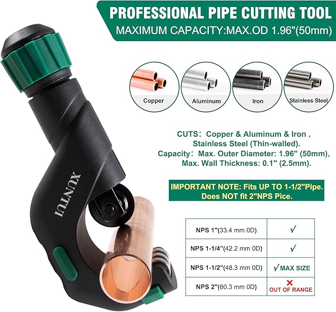 Copper Pipe Cutter Tool Set 3/16"-2" Outer Diameter, Tube Cutter for Copper,Brass,Aluminum&Stainless Steel, HVAC Metal Plumbing Tubing cutter Tool with Deburring Tools&Extra Blades(XT600616)