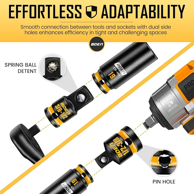 boen 2PCS Impact Socket Adapter and Reducer Set, 3/8"F to 1/2"M Adapter & 1/2"F to 3/8"M Reducer, Deep Yellow Embossed Marking, CR-MO Steel
