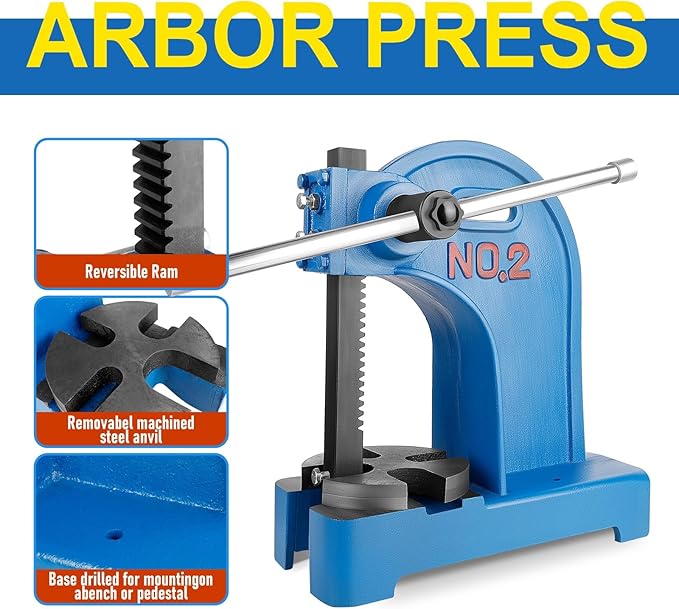 Vohala 1 Ton Arbor Press, Manual Arbor Press, 6"" Maximum Height, Cast Iron Desktop Press for Bending, Stamping, Forming, Stretching (2 Ton Bule)