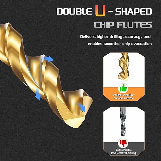 Drill Bit, 5/16" Cutting Diameter, 4341 HSS Jobber Bits TiN Coated 135° Cutting Angle - (Applications: for Drilling Soft Metal Plastic Wood), 5-Pieces