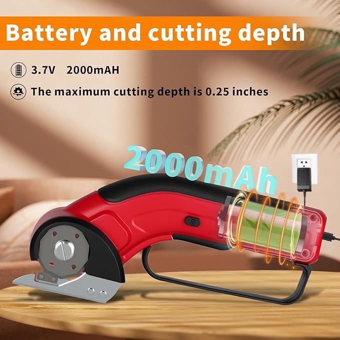 Cordless Electric Scissors Rechargeable with 2-Blade & Storage Bag, Powerful Rotary Cardboard Box Cutter 3.7V 2000mAh for Cloth Carpet Plastic Leather, Charging Cable(Red)